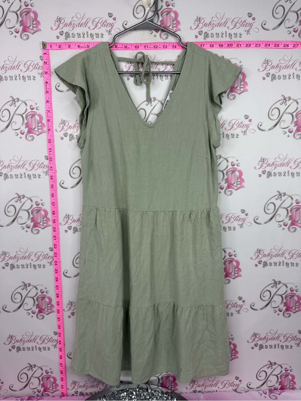 DEVOTED dress linen Sage Tiered V-Neck Midi Dress with Ruffle Sleeves